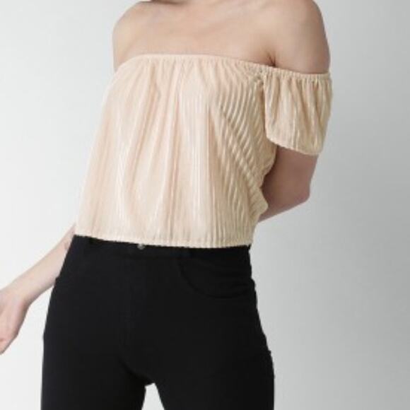 NWT Forever21+ Pink‎ Blush Peach Velvet Stripped Off the Shoulder Top Blouse - Picture 6 of 10